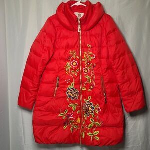 Y2K Red Embroidered Floral Puffer Jacket Womens Quilted Zip Winter Coat Warm
